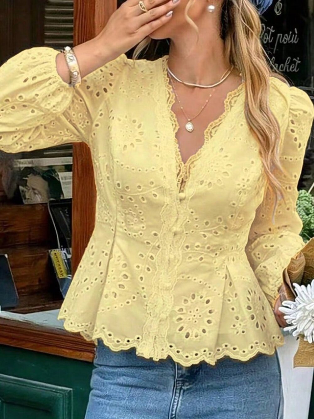 Yellow Chic Women's Embroidered Blouse with Lace-Trim, Ruched Waist, Long Sleeve